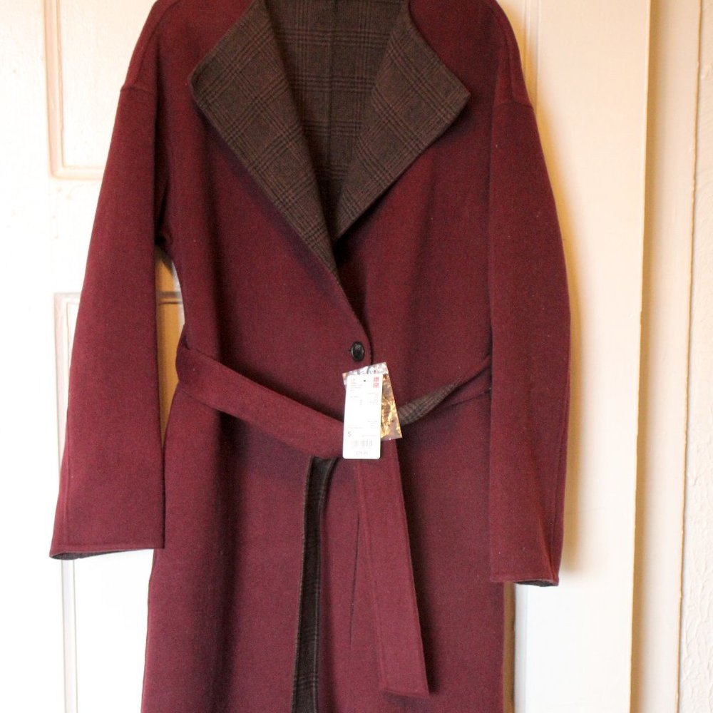 NWT Uniqlo Double Face Collarless Coat Wool Blend Wine